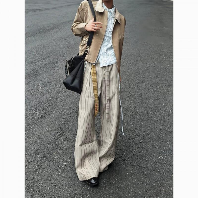 Old Money Style Striped Wide Leg Pants Unisex Loose Fit Draped Casual Trousers Khaki Straight Suit