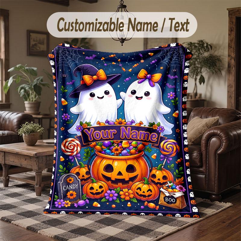 Halloween Theme Throw Blanket Custom Name Text Personalized Blanket Soft Cozy Blanket for Home Sofa Bed