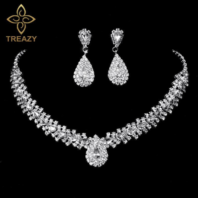Sparkling Rhinestone Crystal Teardrop Design Wedding Bridal Jewelry Set Silver Plated Women Choker Necklace Earrings Set Clear