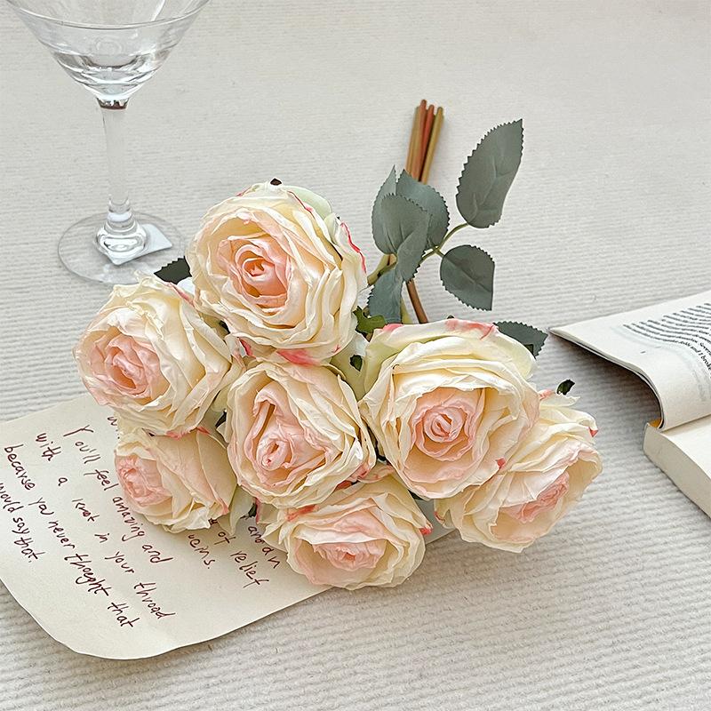 43CM 7-piece Tied Roasted Edge Rose Artificial Bouquet High-end Home Soft Decoration Floral Ornaments