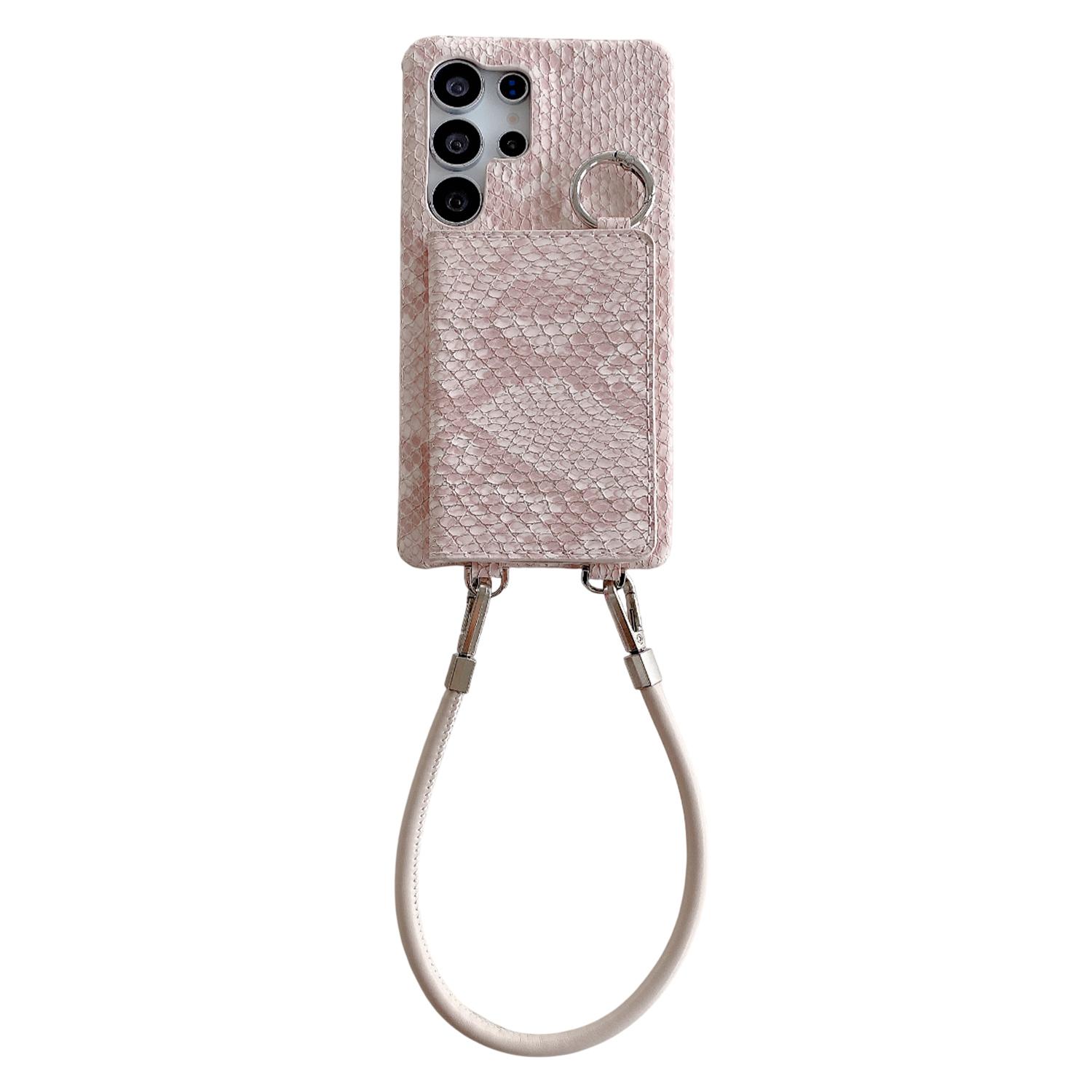 

Чехол для Samsung Galaxy S25 Ultra с держателем для карт, зеркалом, текстурой змеиной кожи, задней крышкой из ПУ+ПК и шнурком Light Pink
