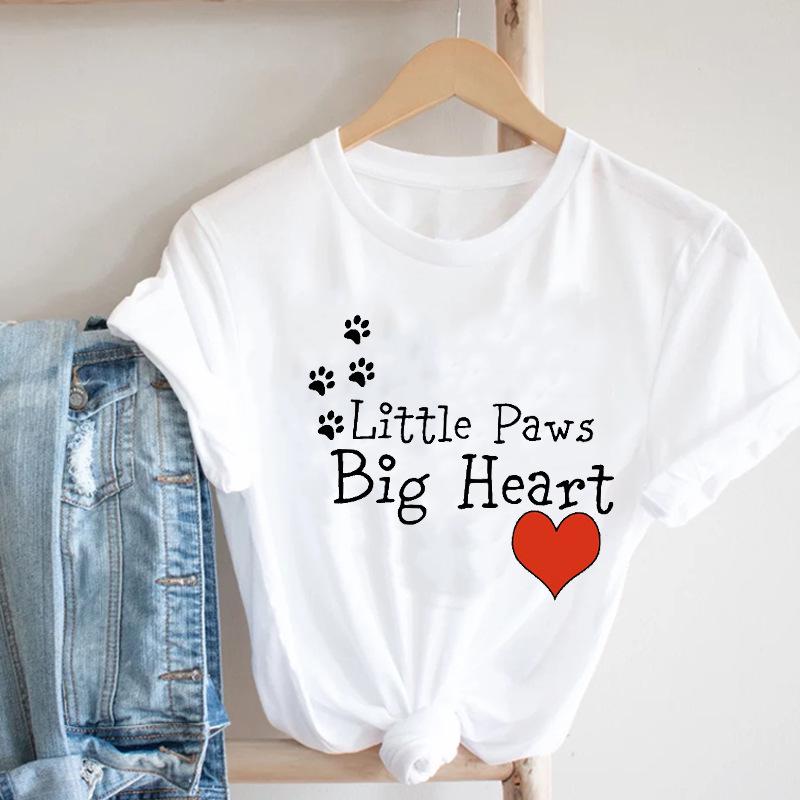 White Women's Short Sleeve T-Shirt with Dog Paw, Cat, and Heart Animal Print