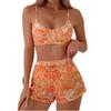 Cikini Women's Vacation Marble Print Casual Bikini Set, Three-Piece Bikini Set With Cover-Up Shorts, Random Print Summer Beach