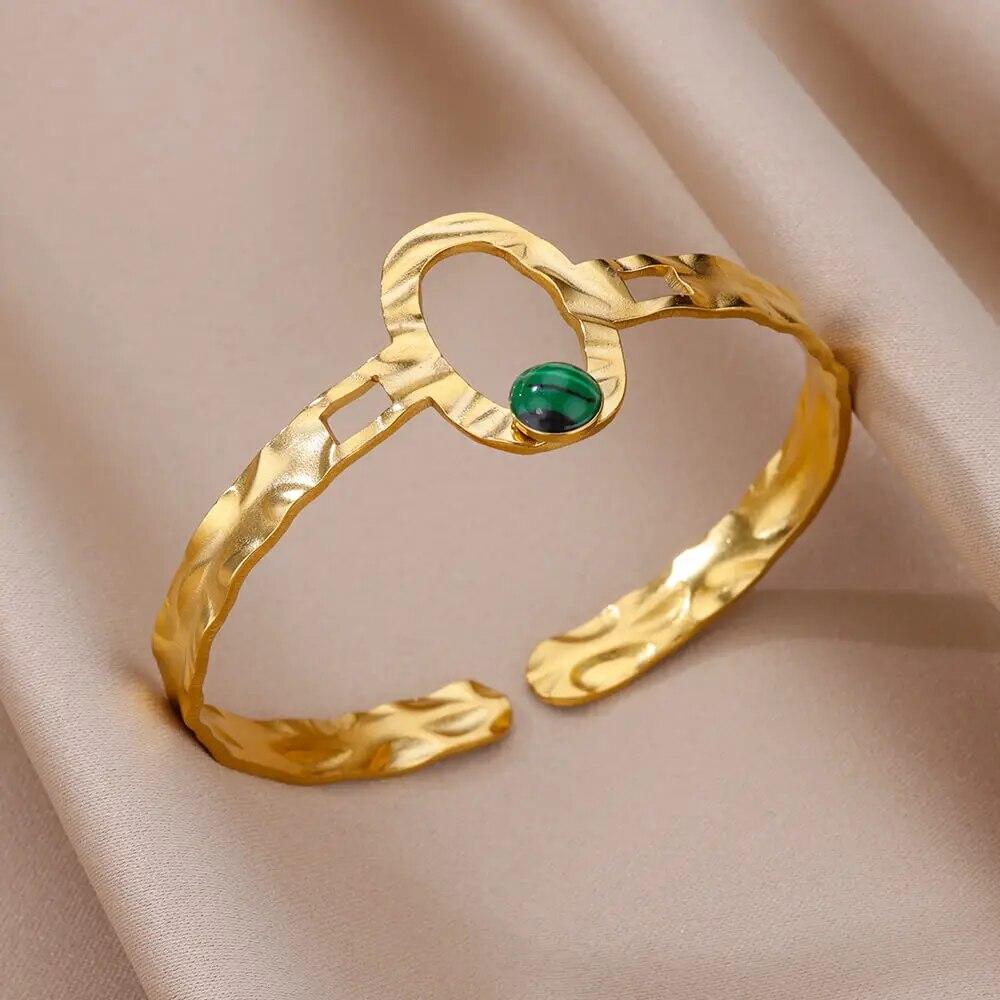 Artificial Green Stone Stainless Steel Cuff Bracelet for Women Gold Color Bangle Bracelets Female Vintage Jewelry Accessories