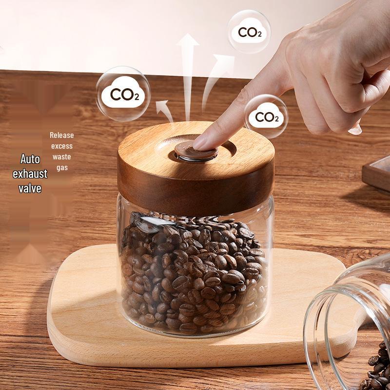 Glass Airtight Coffee Bean Jar with One-Way Vent and Wooden Lid for Food Storage and Preservation