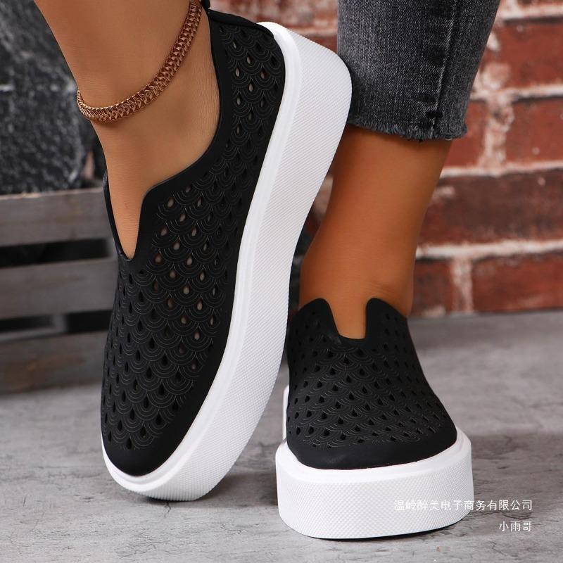 Thick Soled Hollow Breathable Low Top Single Shoe for Women, V-mouth Sponge Cake Set Foot Board Shoes