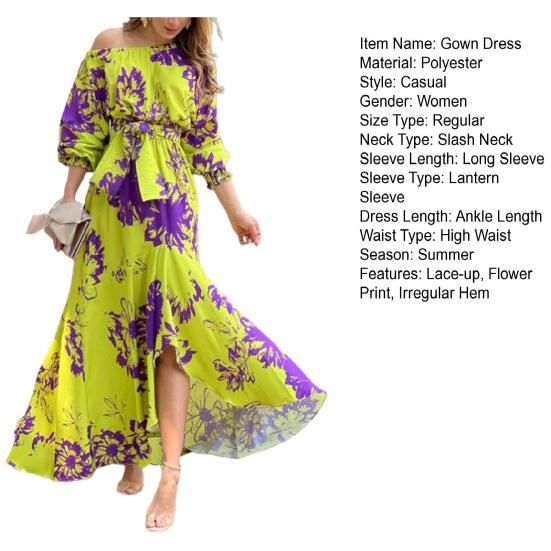 Slash Neck Maxi Dress Lantern Sleeve High Waist Lace-up Floral Print Irregular Hem