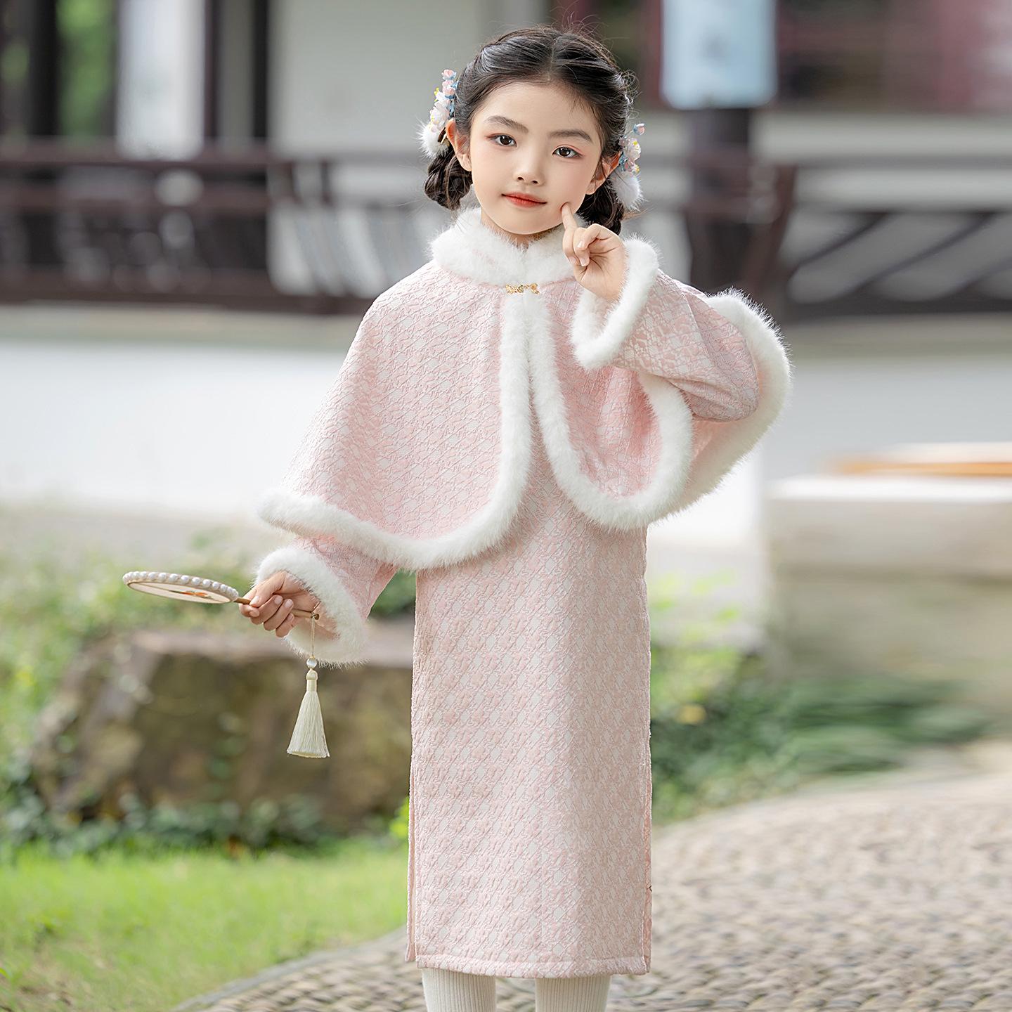 Зимнее бархатное розовое платье-шаль ципао 2025 года - Стиль принцессы в костюме Тан - Новогодний наряд Size 150cm