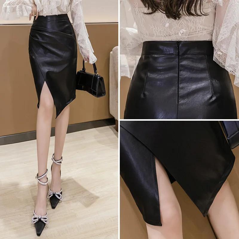 Fashion Office Women's PU Leather Skirt Irregualer High Waist Slim Midi Length Women's Skirts Plus Size