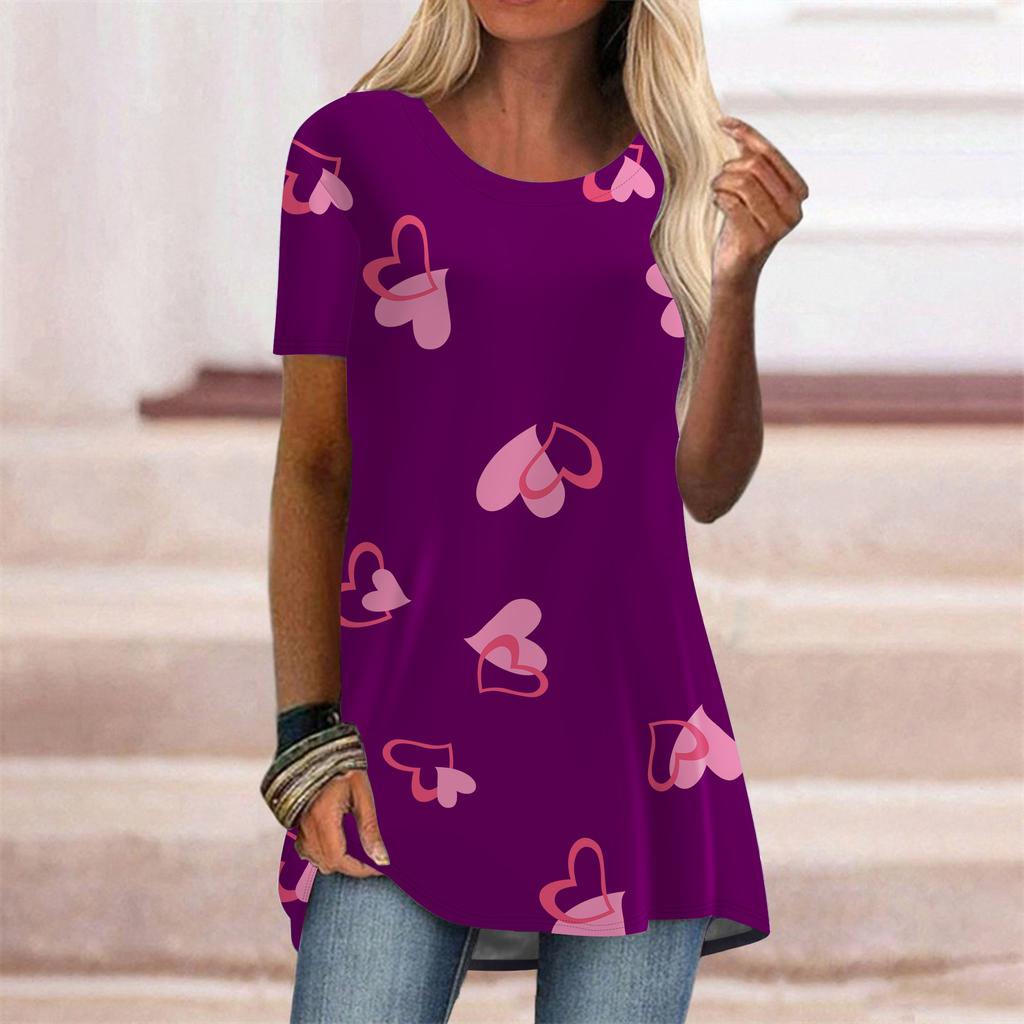 Plus Size Women Summer White Heart-shaped Printed Comfy Short Sleeve Round Collar T-shirt Casual Baggy Mid Length Tee Tops