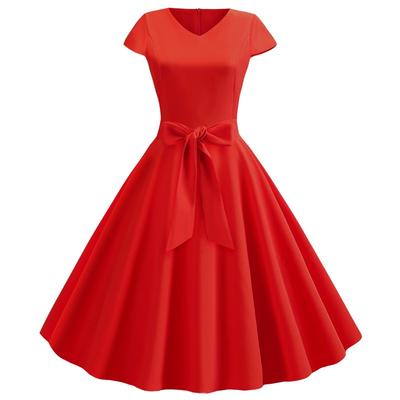 Hot-selling New Retro Women's Clothing V-neck Half-sleeved Waist Solid Color Pendulum Dress, Starting with One Piece.