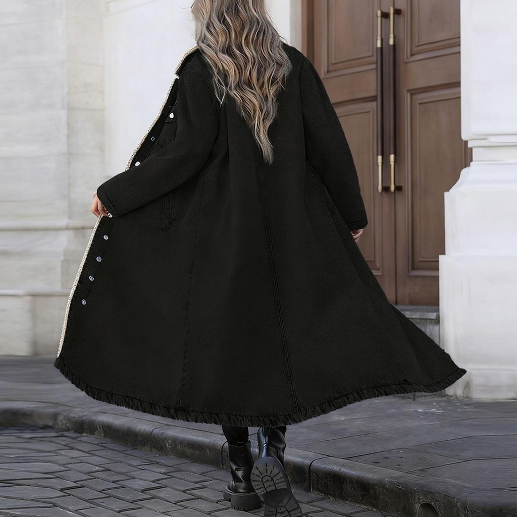 Damen Modischer Lässiger Lockerer Langer Baumwollmantel mit Fleecefutter Jeansjacke