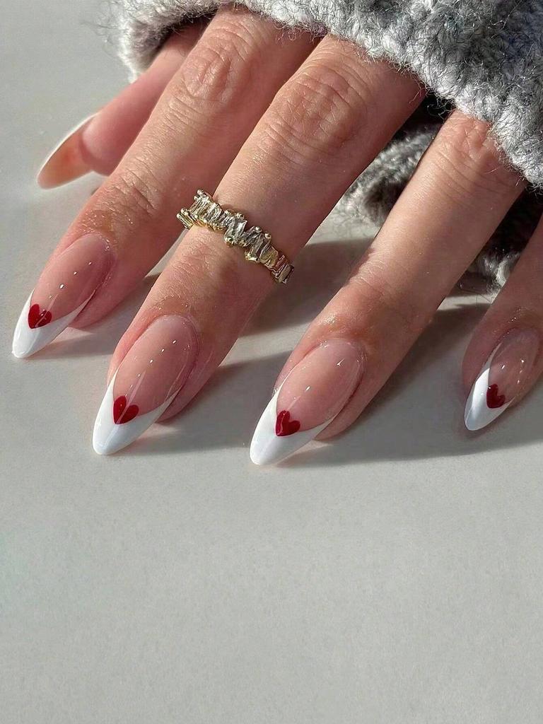 24 Almond-shaped Red French Manicure Nail Stickers, a Set of Almond-shaped Acrylic Nail Stickers for Perfect Fit.