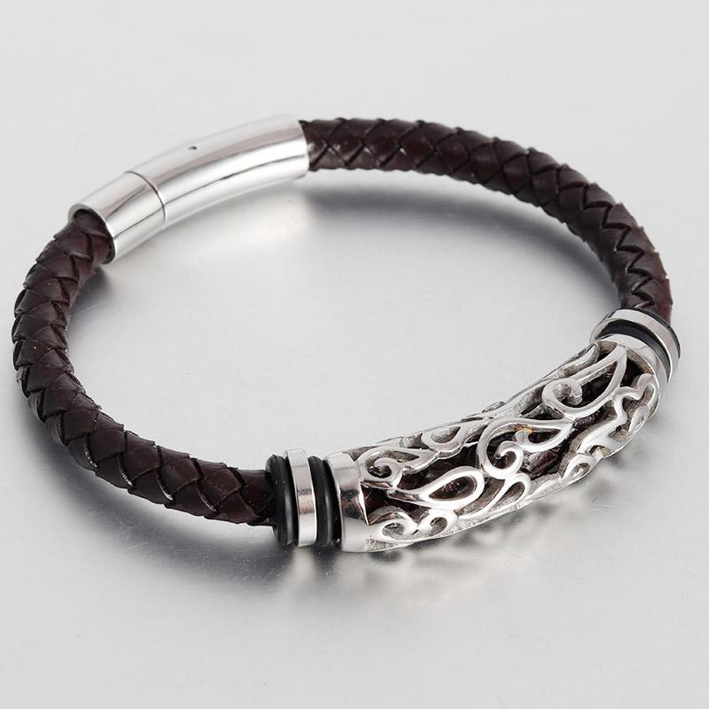 Trendy Men Jewelry Genuine Leather Bracelets Men Stainless Steel Grain Clasp Charm Rope Bracelets&Bangles Male Jewerly