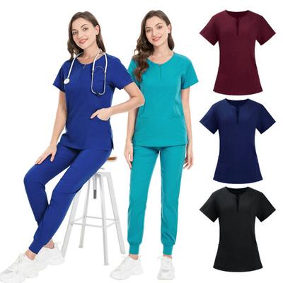 2Pcs/Set Women Hospital Uniform Set O-neck Short Sleeve Pockets Tops Elastic Waist Jogger Pants Set Quick Drying Hospital Dental Nurse Suit