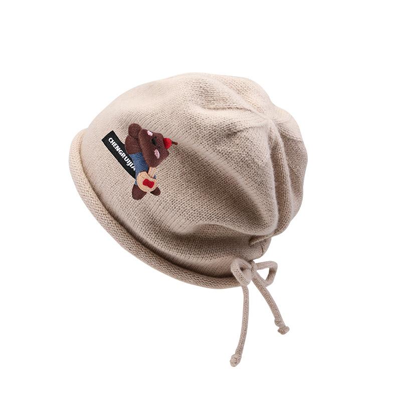Cute Cartoon Bear Hat for Women Autumn and Winter Baotou Knitted Hat Versatile Pile Hat Showing Face Small Curled Edge Cold Hat