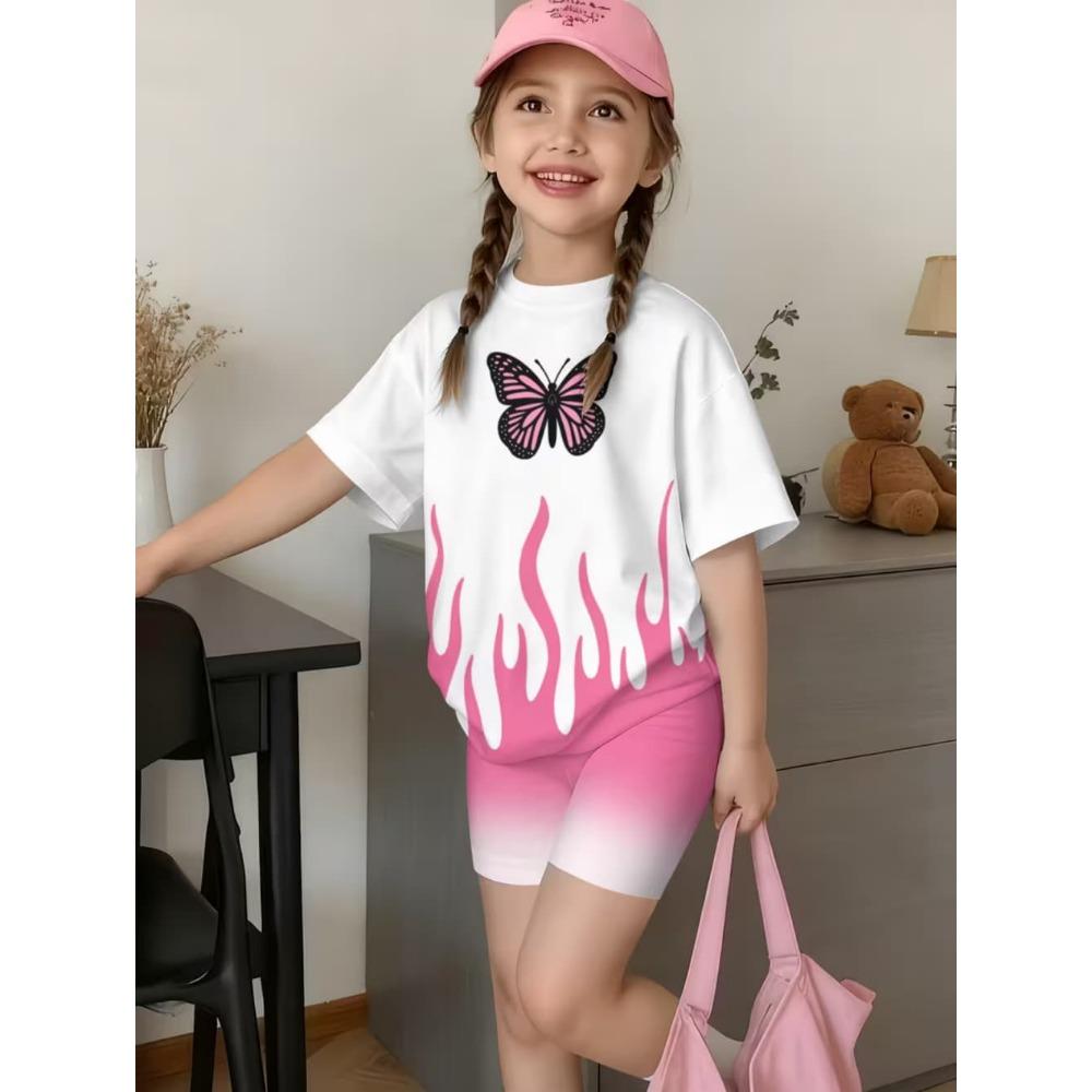 2-Piece Summer Children's Comfortable Cute Butterfly 3D Print Short Sleeve Shorts Set for Boys and Girls Casual Home Outdoor Set