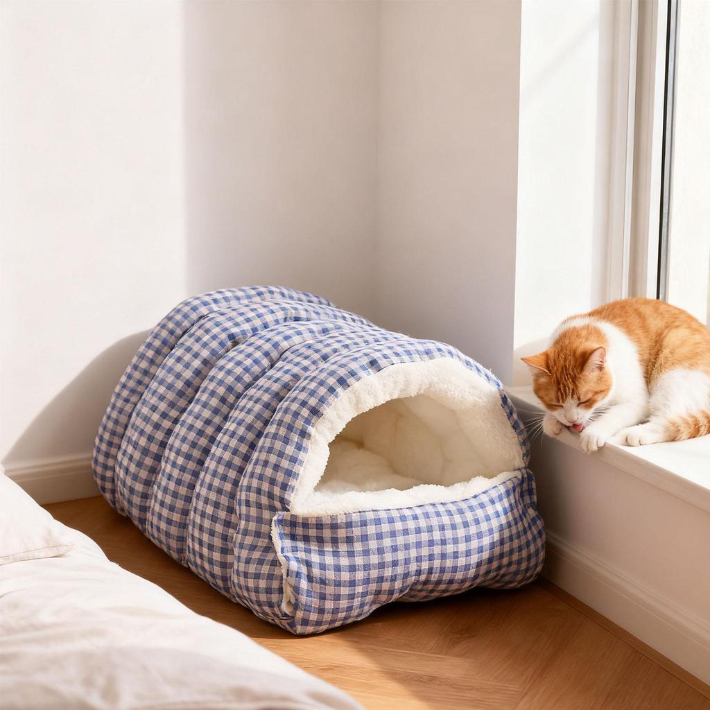 Self Heating Dog Cat Bed Flannel Kennel Cave House Cozy Cat Hideout Removable Pillow for Indoor Cat Enclosure