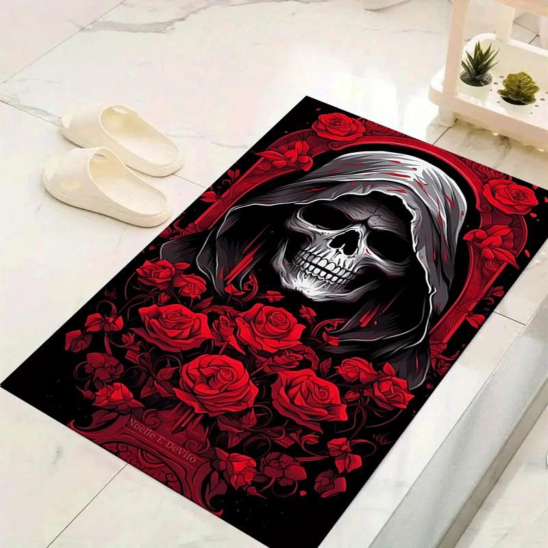 1pc Roses and skulls Design Indoor Area Rug - Soft, Anti-Slip, and Durable Gaming Room Decor for Bedroom