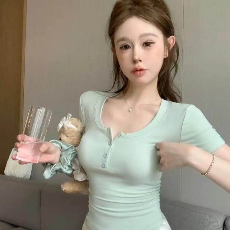 Cream Yellow Short-sleeved Right Shoulder T-shirt for Women Summer Pleated Slim Fit Hot Girl Tight Short Bottoming Shirt Top