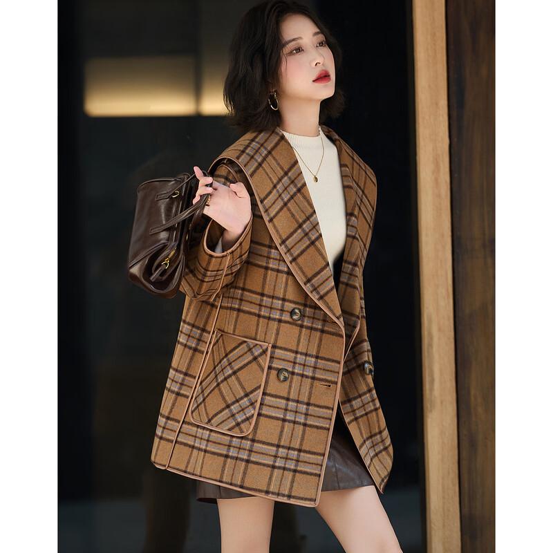 Demana Sweet Lapel Double-Breasted Plaid Winter Coat
