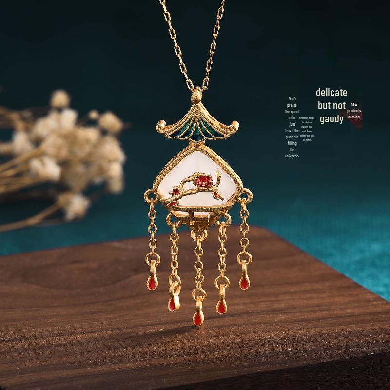 

Aieryuan Retro Chinese Enamel Jade Tassel Necklace Electroplated 24K Gold