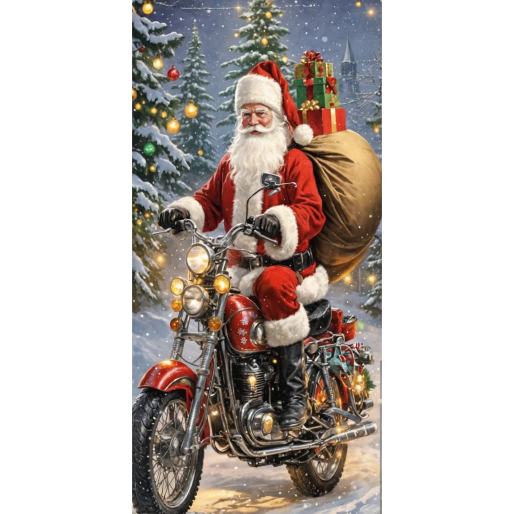 

Санта-Клаус едет на мотоцикле на санях, чтобы дарить подарки, подкладка для рождественских дверей, рождественское дверное покрытие, входная дверь, товары для рождественской вечеринки