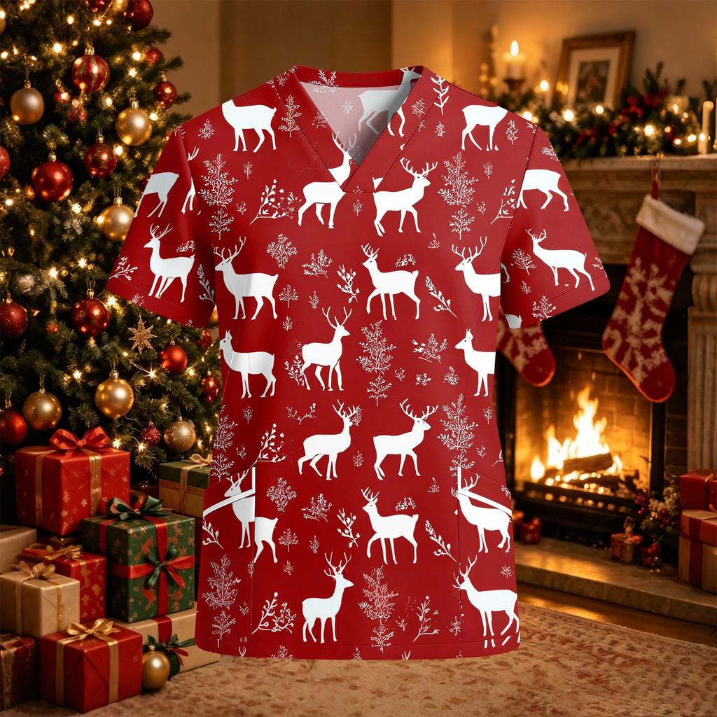 Damen Arbeitshemd mit V-Ausschnitt, kurzen Ärmeln, Taschen und Seitenschlitzen, Weihnachtsdruck