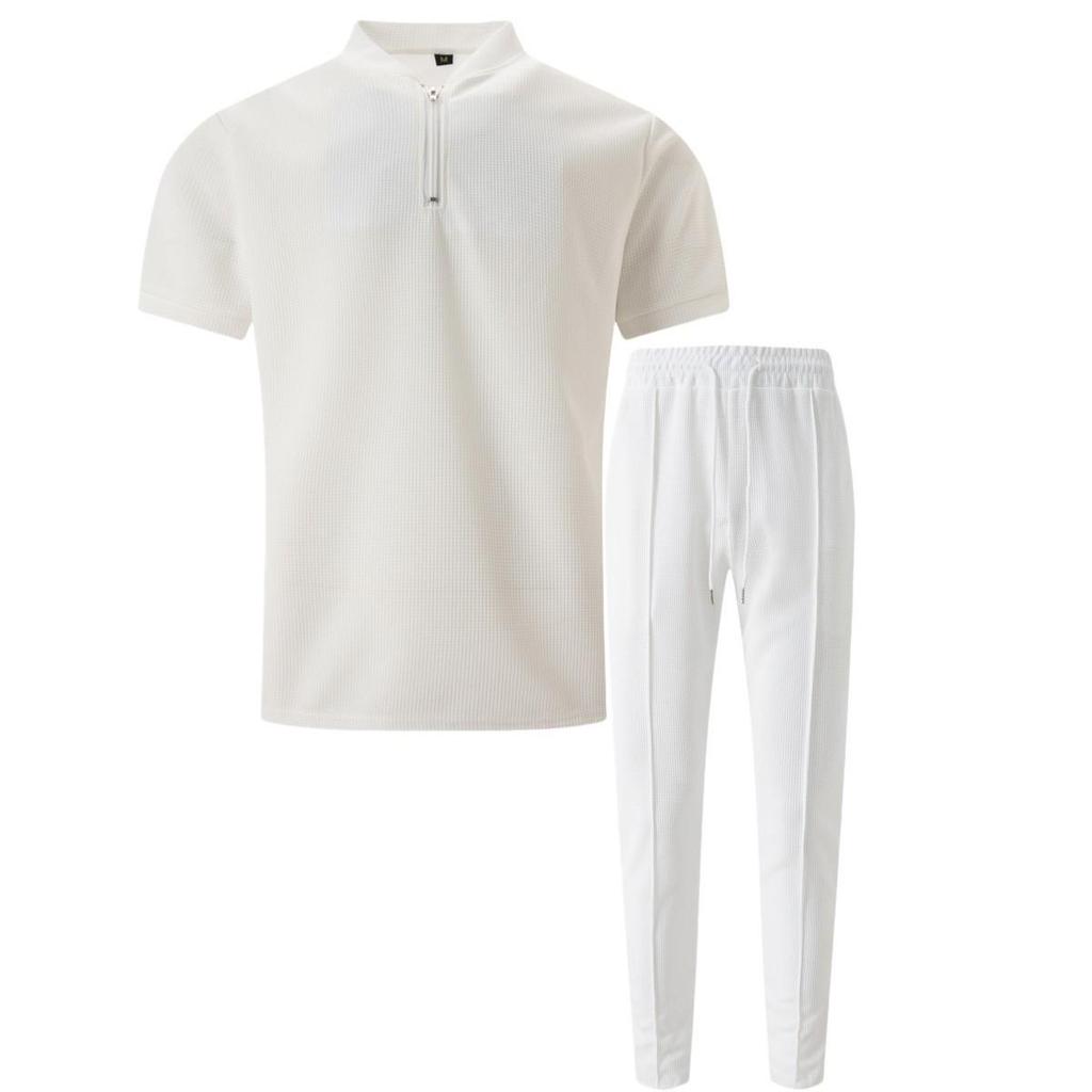 Summer 2025 Men's Waffle Knit Stand Collar Zipper Top and Long Pants Set - European & American Style