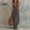 Slimming Long Skirt Dress Women Halter Neck Pleated Maxi Dress, Deep V Sleeveless Drapey Beach Vacation Sundress, Summer Flowy with Pockets