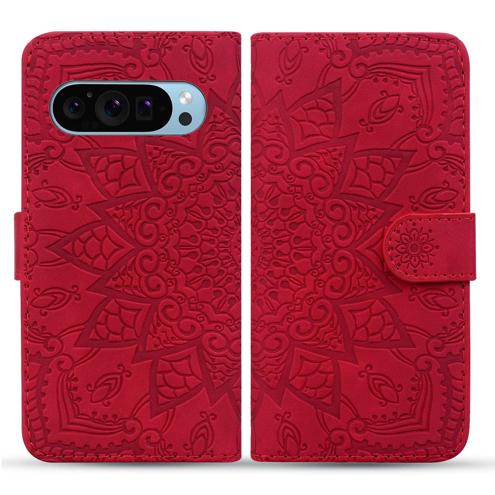 

For Google Pixel 10 Pro/Pixel 10/Pixel 9 Pro/Pixel 9 Case PU Leather Wallet Flip Phone Cover Flower Imprinted Red