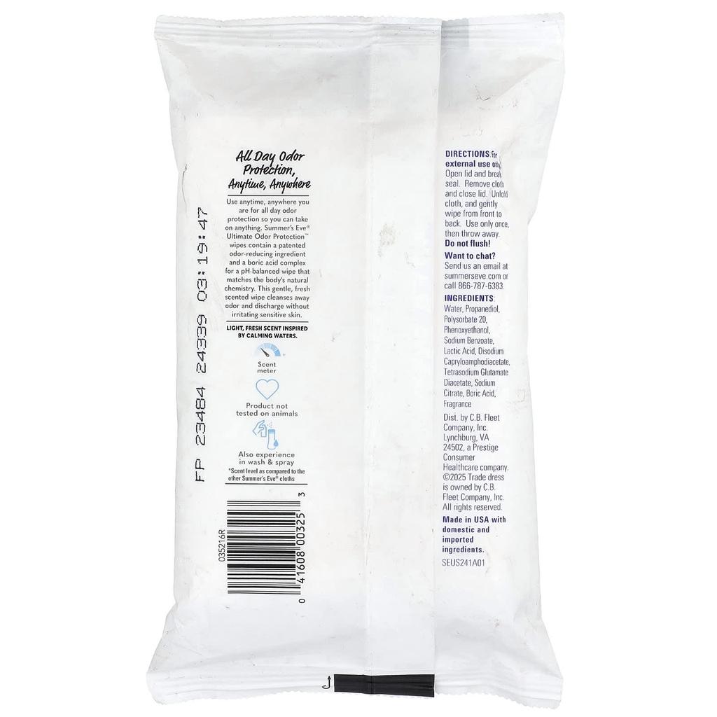 Summer's Eve Ultimate Odor Protection™, Mildly Acidic Cleansing Wipes, Light Fresh, 32 Wipes