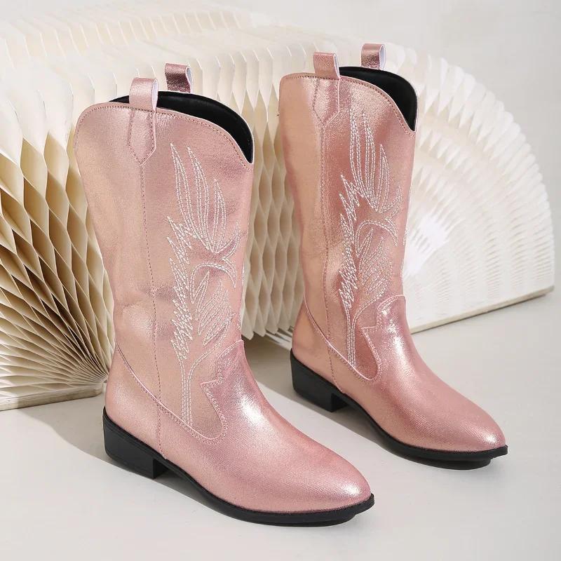 Fashion Pink Embroider Cowboy Boots for Women 2025 Autumn Winter Chunky Heels Mid Calf Western Knight Boots Woman Pointed Toe Tube Botas