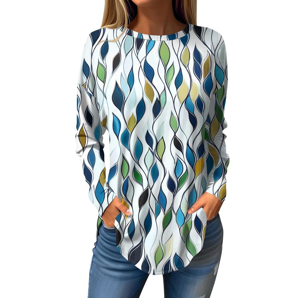 Dames Losse Ronde Hals Print Lange Mouw T-shirt Top Pullover