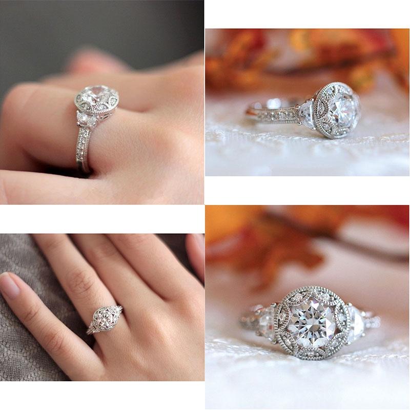 Elegant Silver Plated Ring With Round White Sapphire Rhinestone For Weddings