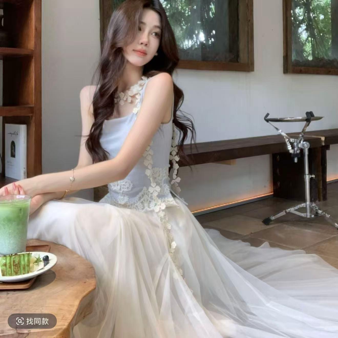 Muzi Li s Li Qingying Yinghua gentle rice apricot gauze skirt skirt light luxury high-end drape mesh dress S