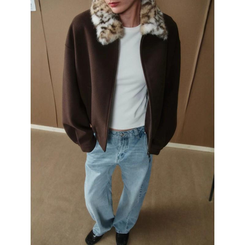 Vintage Leopard Print Wool Blend Jacket Women Loose Fit Drop Shoulder Short Bomber Coat