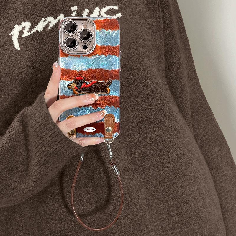 Leopard print splicing puppy lanyard suitable for Apple 16e mobile phone case 14promax advanced sense 15 autumn and winter 13 retro 7