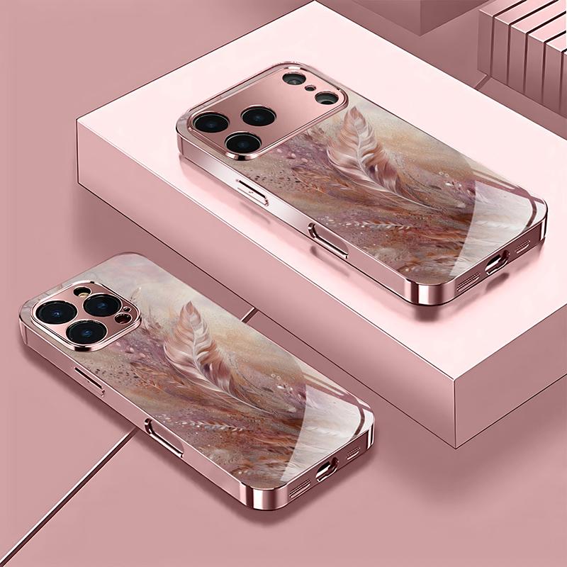 Luxus Blumenmuster Rosa Metallisch Gehärtetes Glas Handyhülle Für iPhone 11 12 13 14 15 16 17 Pro Max 15 Plus 17 Air 16E Hülle