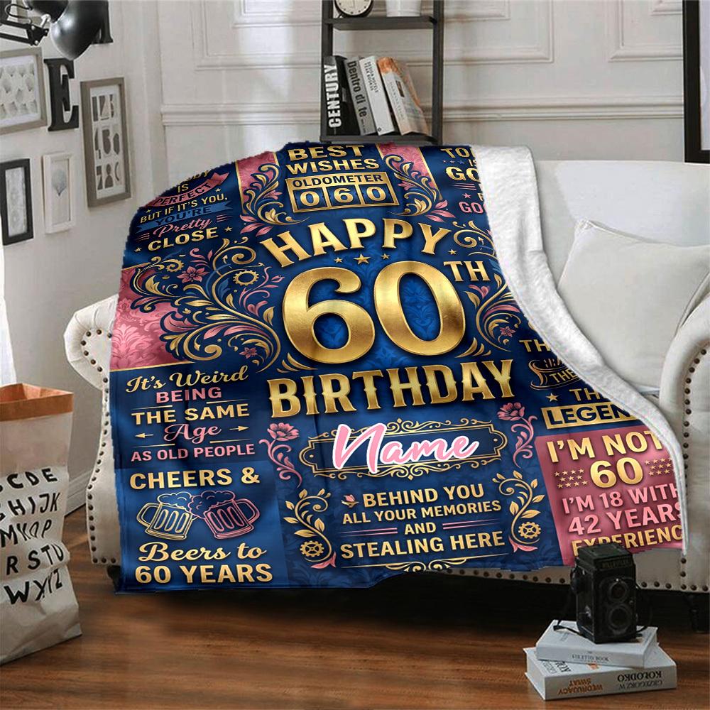 Happy 60Th Birthday Celebration Blanket Personalized Name Soft Warm And Versatile For Sofa Bed Office And Travel Machine Washable Comfortable In All
