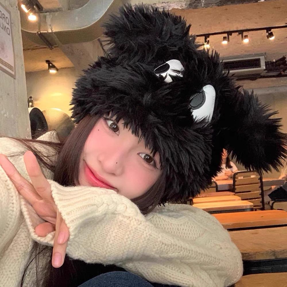 Cute Cartoon Puppy Hat for Women Korean Girl Sweet Big Eyes Plush Cap Winter Warm Outdoor Pullover Hats Fashion Knitted Caps