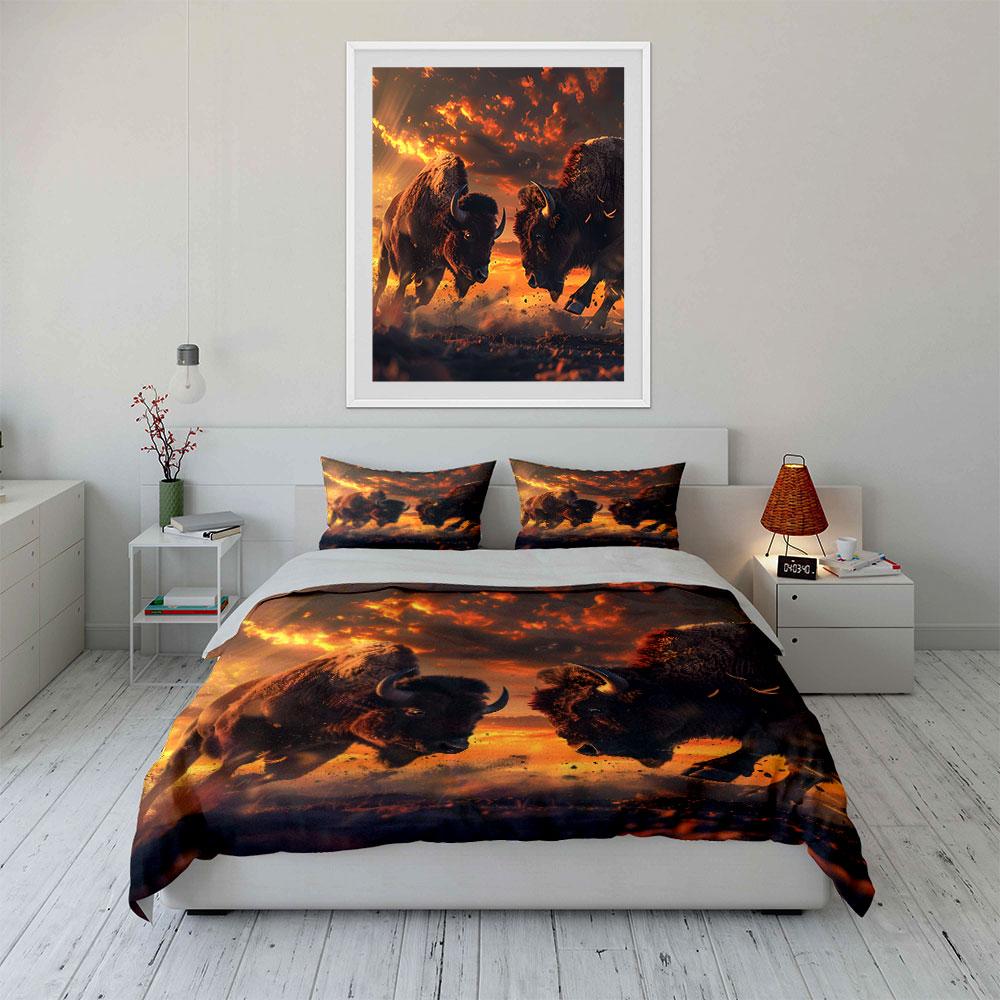 "Bison Sunset Art Decor Trio" Bedding Set with 1 Duvet Cover 2 Pillowcases Single Double King Queen, Gift