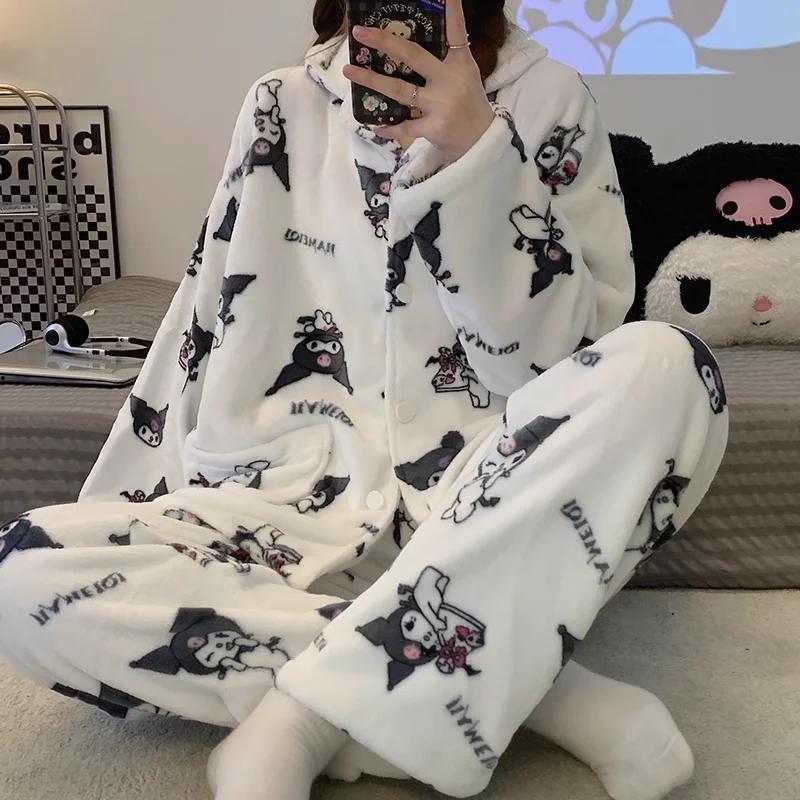 

Winter Pajamas Pure Cotton Lapel Cartoon Flannel Two-piece Warm Women s Pajamas Home Set M