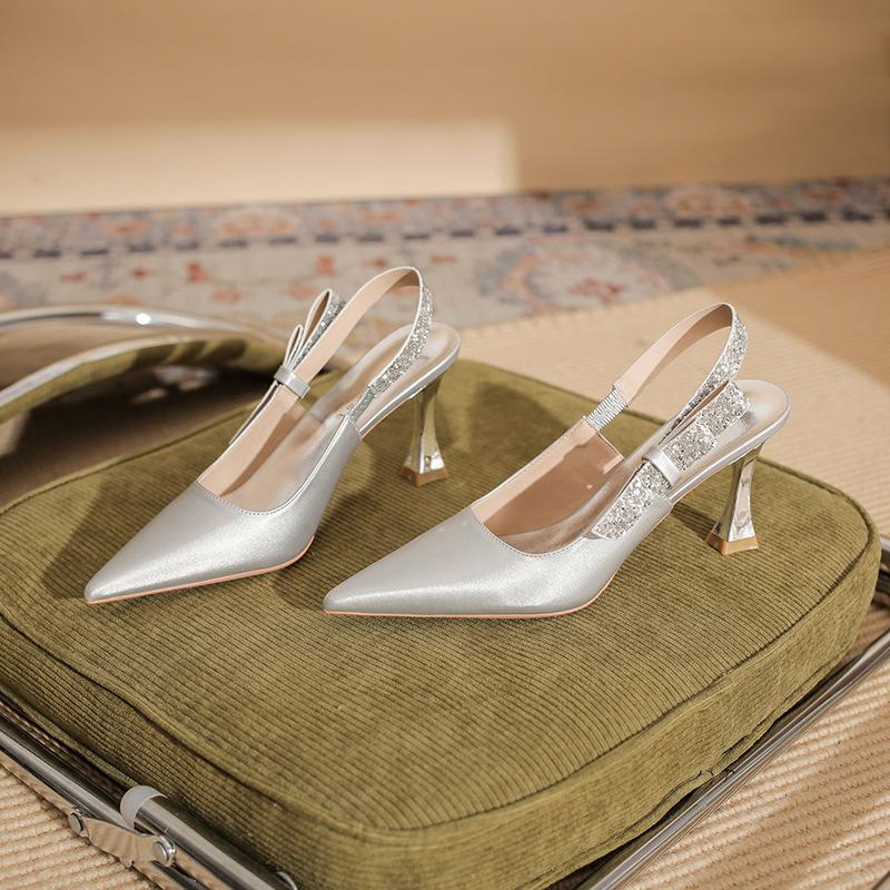 73217 [sheepskin] High Heels Women's Thin Heels 2025 New Bag Head Empty Sandals French Pointed Single Shoes