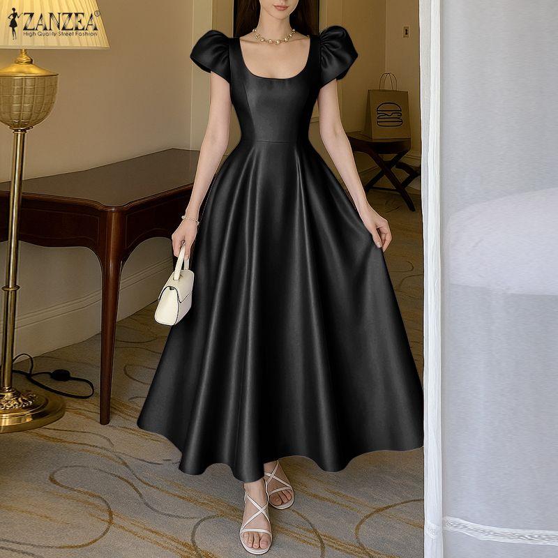 ZANZEA Women Elegant Square Collar Casual Short Sleeve Long Dress