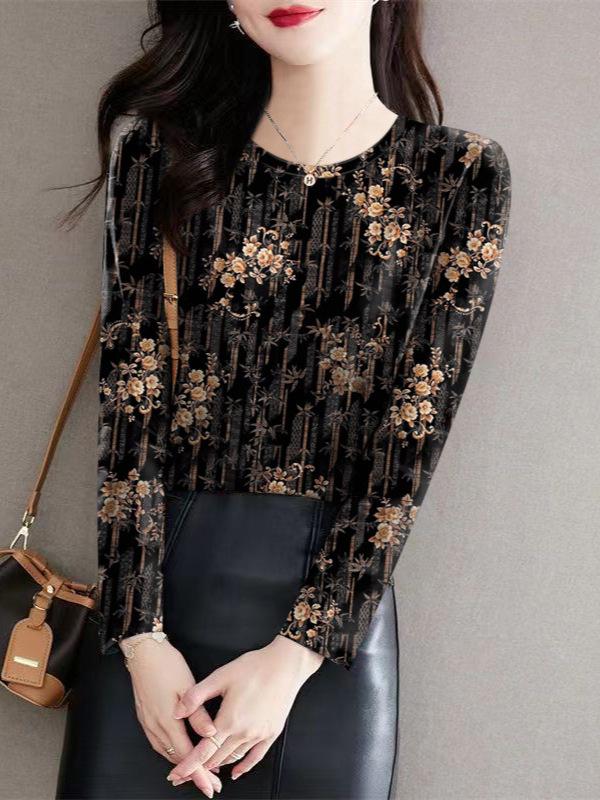 Women's Floral Long Sleeve Round Neck Base Layer Top - Milk Silk