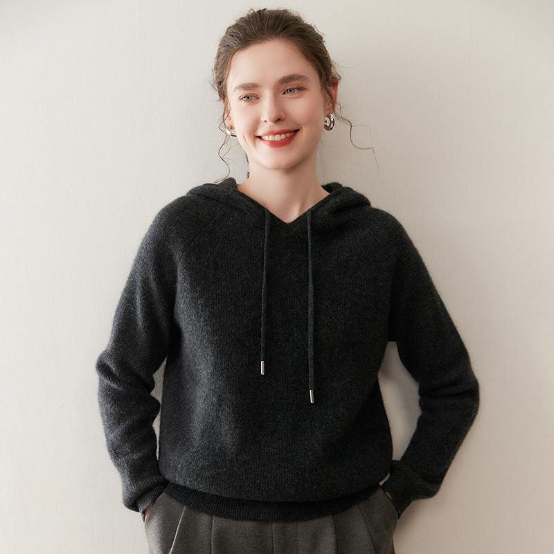 Women's Cashmere Drawstring Hoodie: Autumn & Winter Long Sleeve Knit Sweatshirt