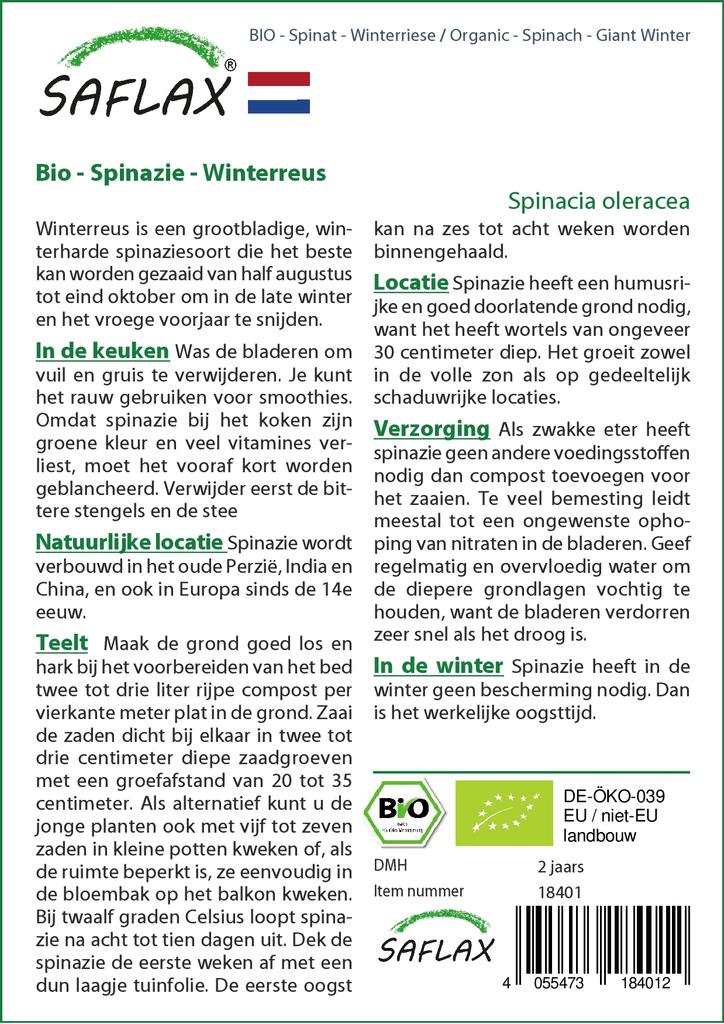 SAFLAX Garden In the Bag - Organic - Spinach - Giant Winter - 250 Seeds - With Substrate In a Fitting Stand Up Bag - Spinacia Oleracea