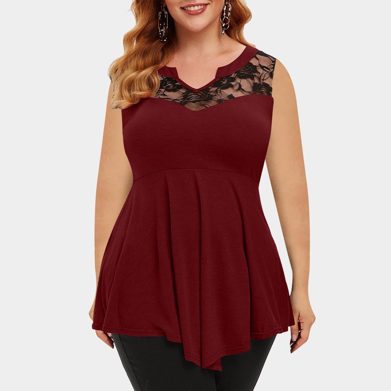 

Women s Casual V-neck Solid Color Lace Splicing Sleeveless Plus Size Tops XXXXL червоний