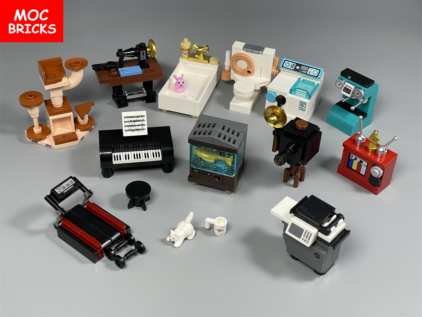 

Non-Toxic Moc Bricks House Mini Retro Furniture Kitchen Tool Sewing Machine House Living Room Accessories Diy Building Blocks Kids Toy